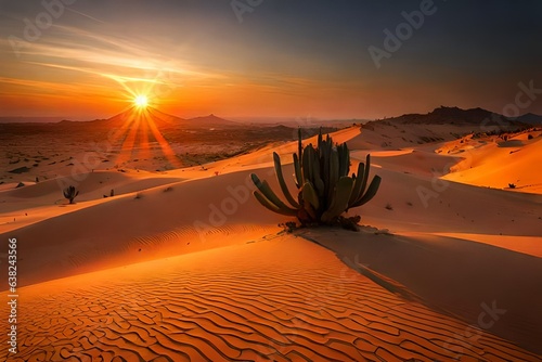 Amidst a rugged desert landscape, a solitary cactus stands proudly against the vast expanse of sand dunes. The fiery orange and deep red hues of the sunset cast a warm and dramatic light across 