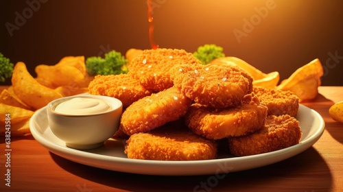 front view pile of chicken nuggets with tomato sauce on a wooden table with blurred background