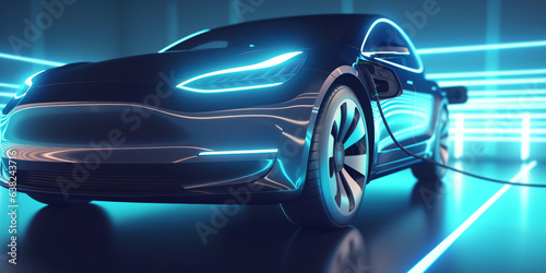 EV car with Electric charging station charger background. - Generative AI