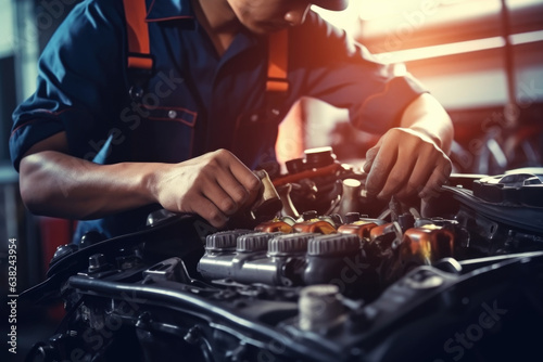 Professional Car Repair and Maintenance: Skilled Mechanic in an Automotive Workshop Utilizing Hydraulic Lift Technology for Efficient Vehicle Servicing and Maintenance in an Industrial Setting