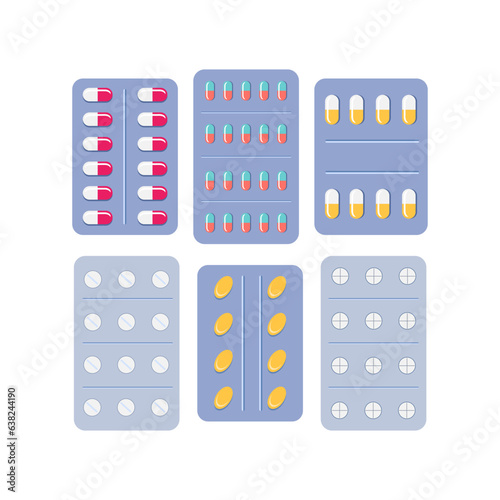 Medicine capsule. Set of pills in different blister pack isolated on white background