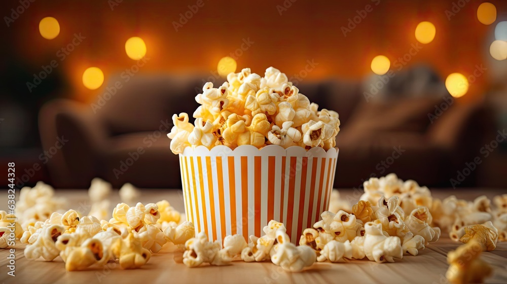 front view Savory salty crispy popcorn with a blurry and cinematic background front view Savory salty crispy popcorn with a blurry and cinematic background