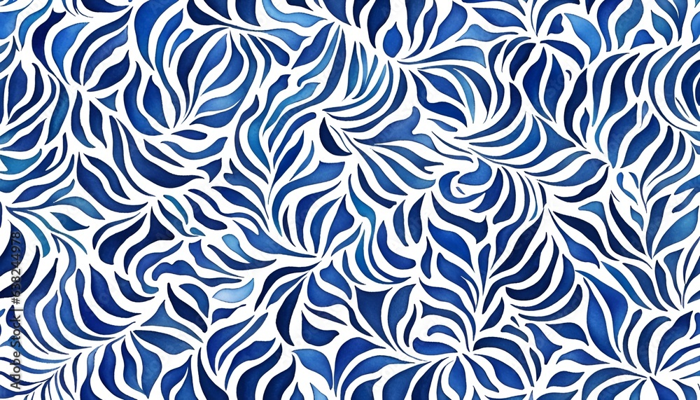 Blue and white leaf watercolor pattern - obrazy, fototapety, plakaty 
