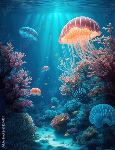 Wonderful and beautiful underwater world with jellyfish, corals and tropical fish.