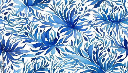 Blue and white plant watercolor pattern