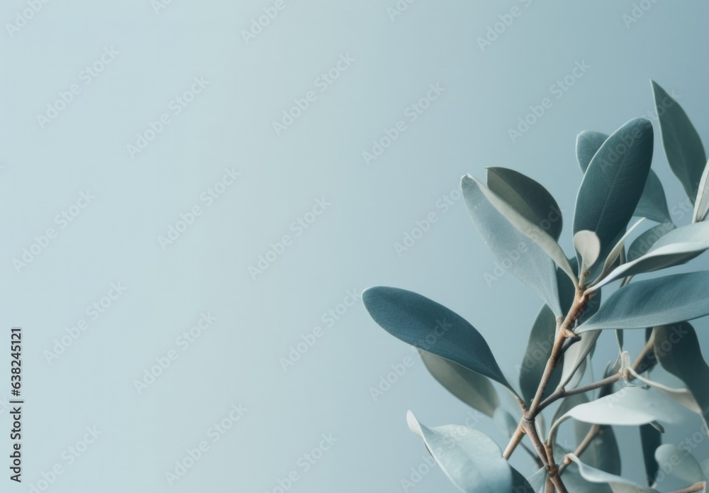 Obraz premium Minimalist leaves on a blue flat background wall — interior design graphic resource with film grain realism