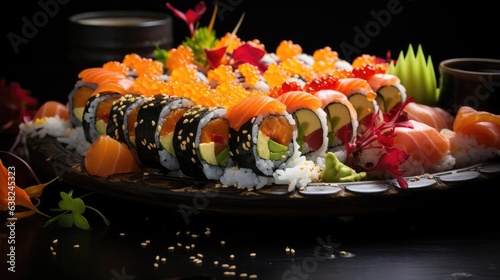 front view fresh sushi full of meat and vegetables on wooden table with black and blur background