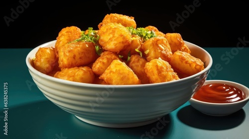 front view Crispy tater tots with savory salty spices on wooden table with black and blur background