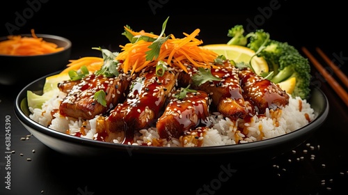 front view white rice with teriyaki beef and cut vegetables on a plate with black and blurry background
