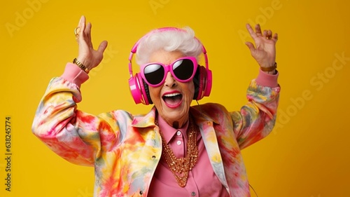 Dancing granny with pink sunglasses and headphones
