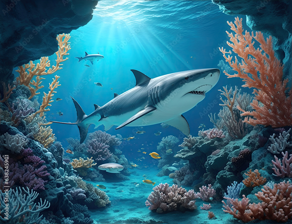 Wonderful and beautiful underwater world with Shark, corals and tropical fish.