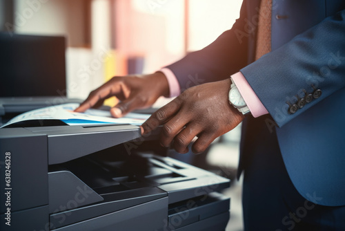 Efficient Office Workflow: Businessman Utilizing Advanced Technology with Multifunction Printer, Scanner, and Copier for Document Processing, Ensuring Productivity and Professionalism in the Workplace photo