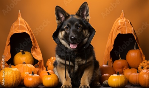 Halloween symbol concept of Cute german shepherd dog sitting near pumpkin and ghosts 