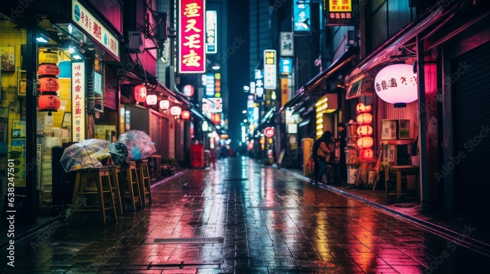 a realistic pc desktop wallpaper of a futuristic cyberpunk japanese tokyo city narrow street road at night. pink and purple neon lights on bar boards screens. 16:9 ratio. Generative AI