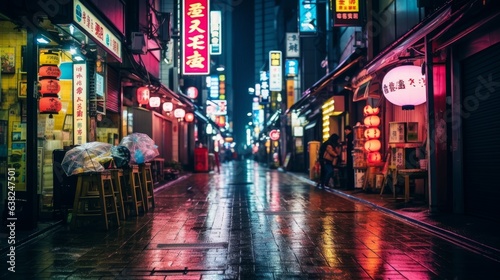 a realistic pc desktop wallpaper of a futuristic cyberpunk japanese tokyo city narrow street road at night. pink and purple neon lights on bar boards screens. 16:9 ratio. Generative AI © SayLi
