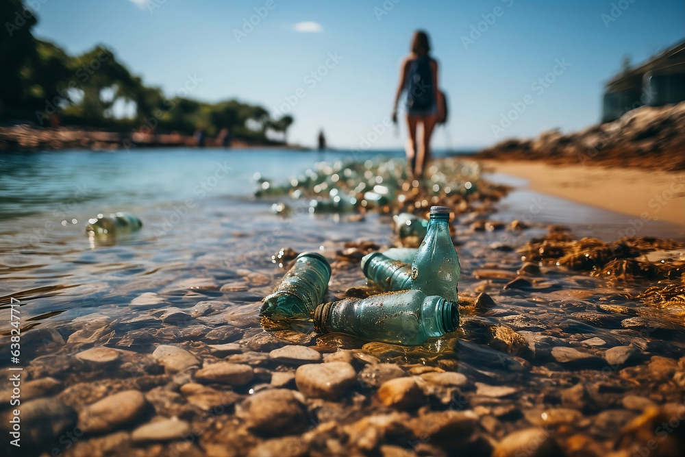 Someone collecting rubbish on the beach. Recycling in the beach. Sustainability. Generative AI.