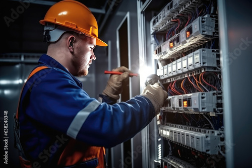 Professional Electrician and Technician at Work: Caucasian Male Inspecting and Installing Electrical Panel, Ensuring Safety and Reliability in the Construction Industry.