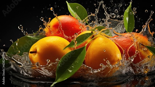 front view fresh yellow mangoes splashed with water on black and blurred background