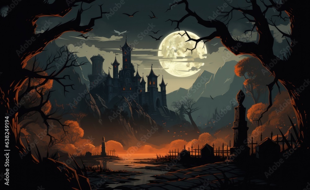 a black castle in the night with pumpkins in the yard near a full moon, in the style background