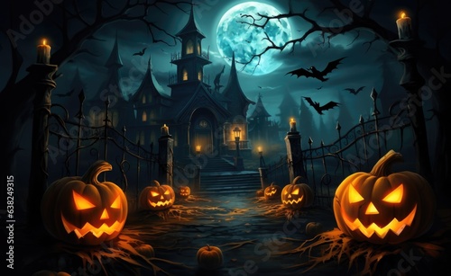 a black castle in the night with pumpkins in the yard near a full moon, in the style background