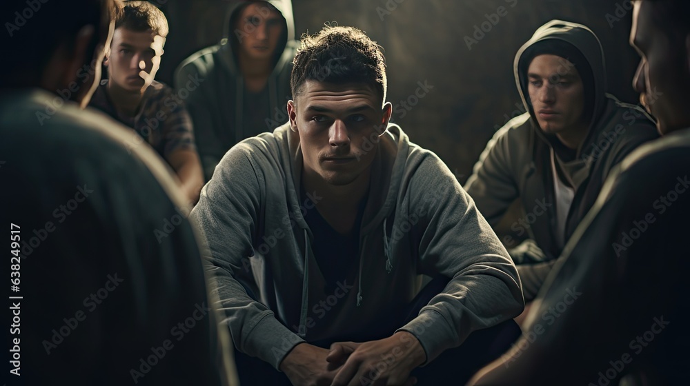 Young caucasian man sitting in a support group, listening to others. Concept of sobriety and recovery from alcoholism/addiction.