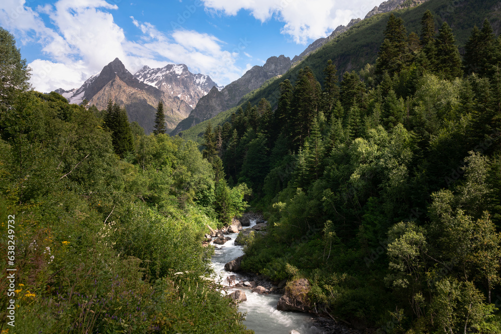 View of the Dombay-Ulgen gorge in the mountains of the North Caucasus near the village of Dombay on a sunny summer day, Karachay-Cherkessia, Russia