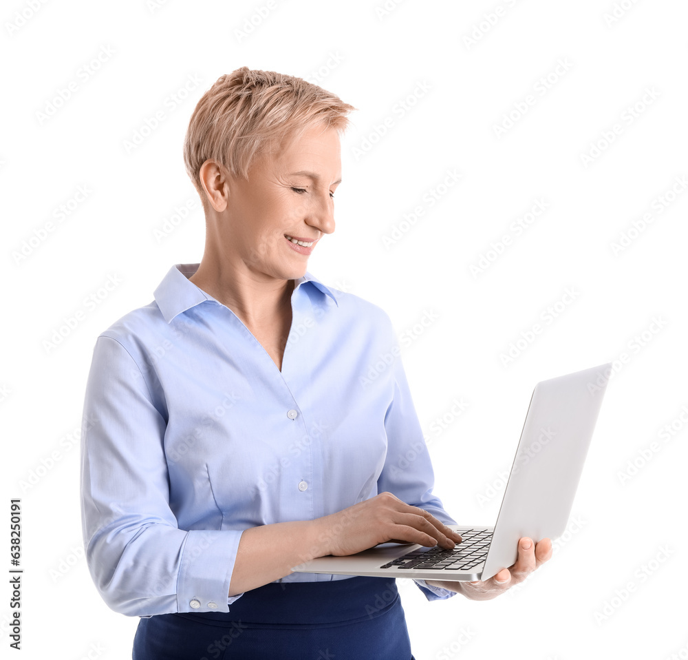 Mature businesswoman with laptop on white background Mature businesswoman with laptop on white background