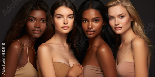 A diverse group of beautiful women with natural beauty and glowing smooth skin. Portrait of many attractive female fashion models with great skincare of all races, tones and style