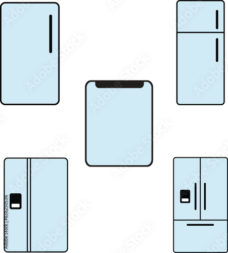 set of sky blue Refrigerators flat icons. Fridge types, freezer, wine cooler, commercial major appliance, refrigerated display case. Thin linear signs for household equipment shop.