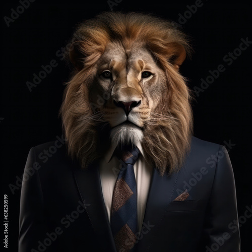 A surreal lion in a suit and tie, with a digital mane and creative manipulation, perfect for performance, entertainment, or circus themes. AI Generative. © sorapop