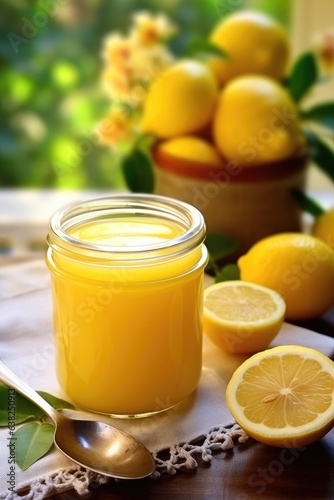 glass jar of lemon curd with lemons