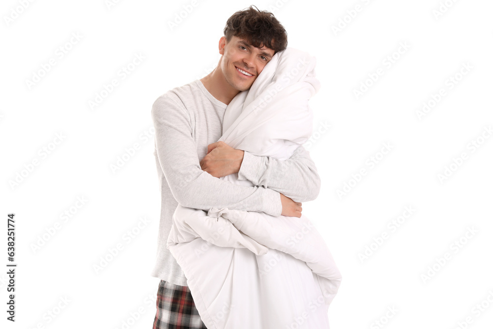 Handsome happy man with soft blanket on white background Handsome happy man with soft blanket on white background