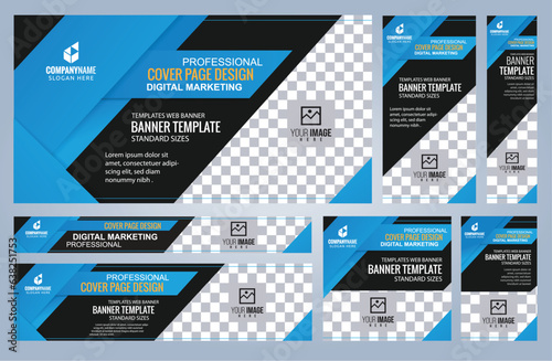 Set of Blue and Black Web banners templates, Coverpage Standard sizes with space. Vector illustration