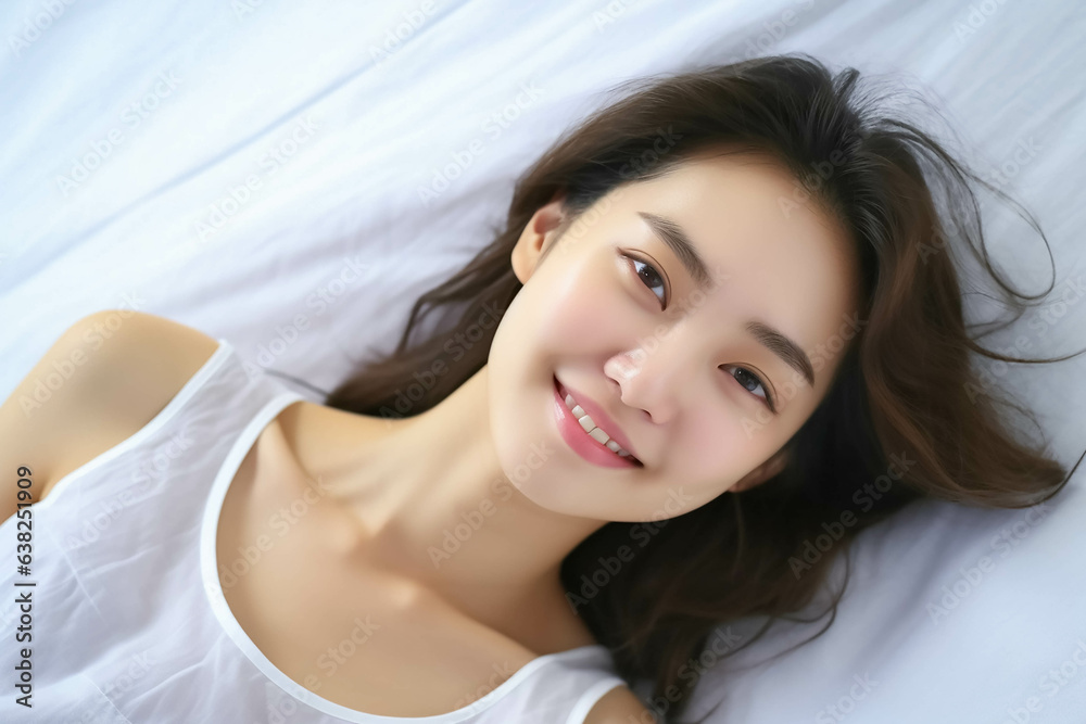 Pretty Asian young lady lies on indoor bed. She keeps eyes open and looks satisfied with positive thinking and smiling to camera. Generative AI. Pretty Asian young lady lies on indoor bed. She keeps eyes open and looks satisfied with positive thinking and smiling to camera. Generative AI.