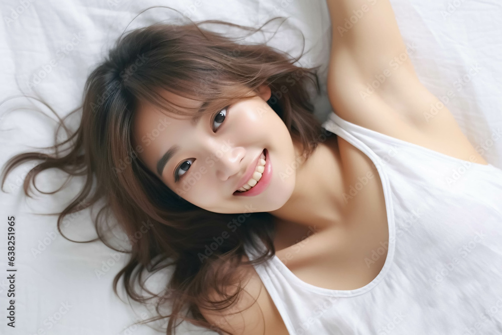 Pretty Asian young lady lies on indoor bed. She keeps eyes open and looks satisfied with positive thinking and smiling to camera. Generative AI. Pretty Asian young lady lies on indoor bed. She keeps eyes open and looks satisfied with positive thinking and smiling to camera. Generative AI.