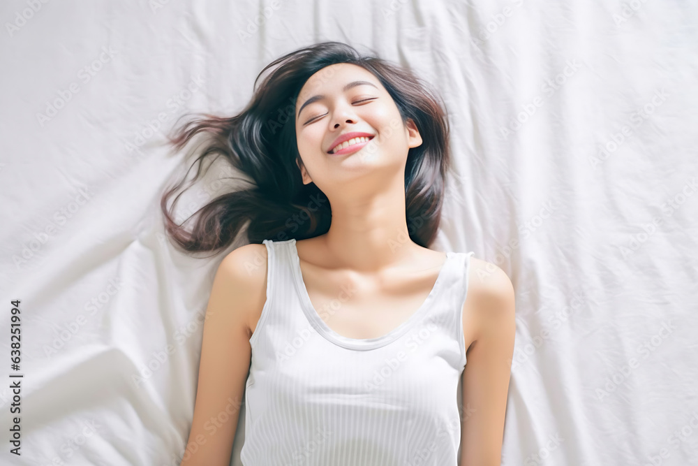 Pretty Asian young lady lies on indoor bed. She keeps eyes open and looks satisfied with positive thinking and smiling to camera. Generative AI. Pretty Asian young lady lies on indoor bed. She keeps eyes open and looks satisfied with positive thinking and smiling to camera. Generative AI.