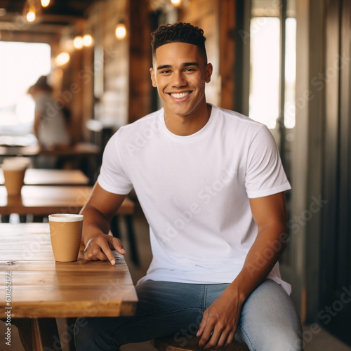 coffee shop, a young man sits at a table wearing a bella canvas white t shirt mockup