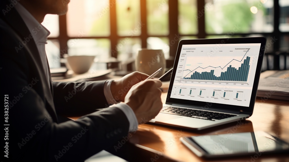 Using a laptop, a phone, a digital tablet for a market report, and a financial graph, a businessman is working in a contemporary office environment. Generative AI.