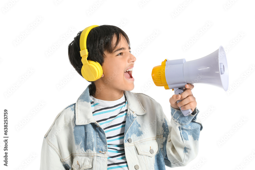 Little boy with headphones shouting into megaphone on white background Little boy with headphones shouting into megaphone on white background