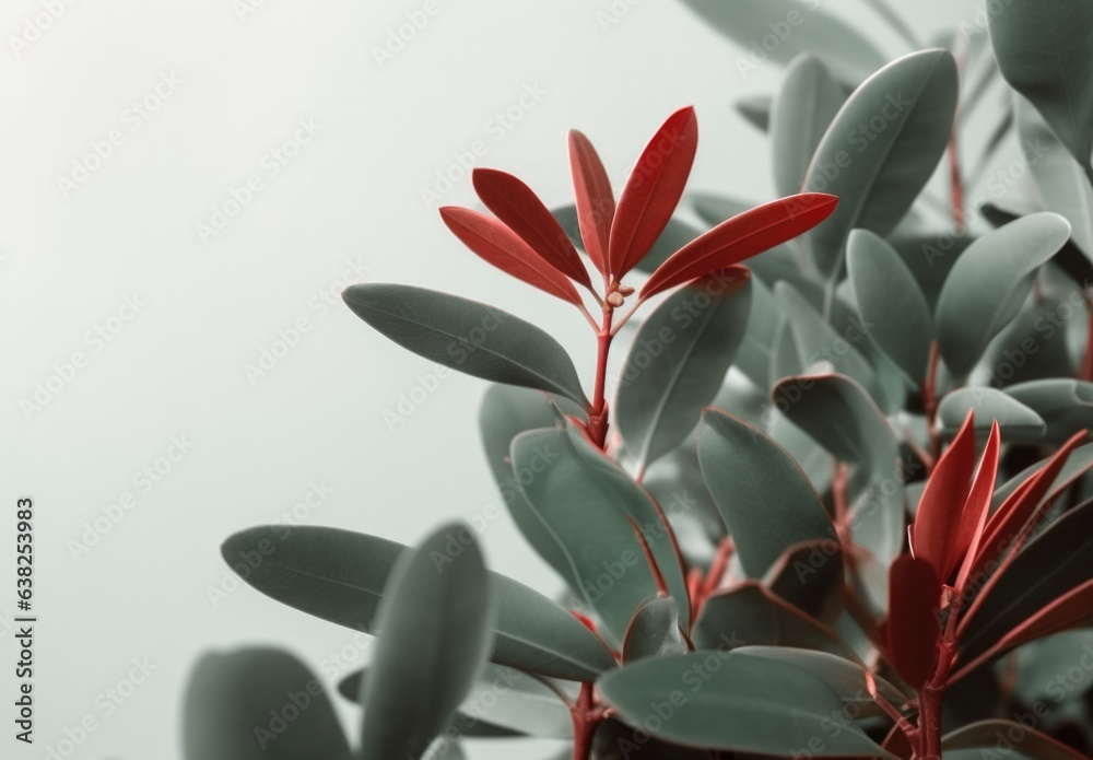 Obraz premium Red and green - Minimalist leaves on a pale flat background wall — Plants — interior design graphic resource with film grain realism