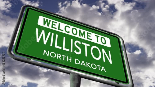 Welcome to Williston, North Dakota. USA City Road Sign Close Up, Realistic 3d Animation photo