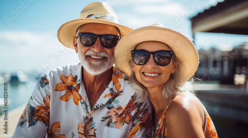 Traveller, adventure-seeking, relaxing calm tourist man and woman elderly older adult couple on vacationing in the tropics Caribbean on the beach, smiling with sun glow pleasure seekers 
