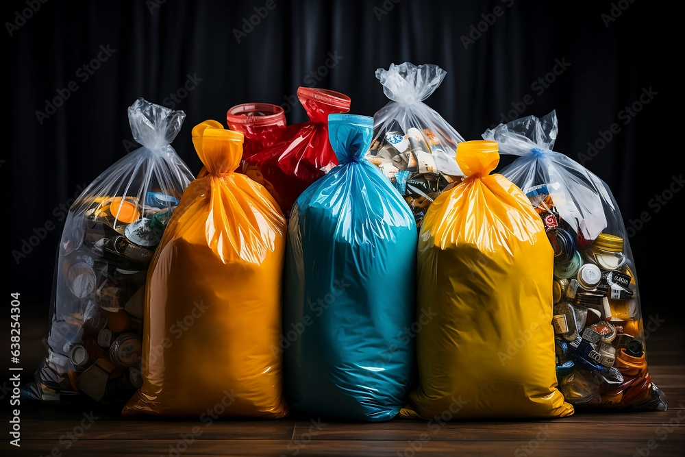 Plastic bags full of garbage on wooden floor and black curtain background