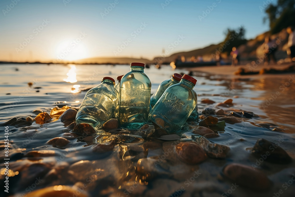 Bottles in the water. Rubbish on the beach. Recycling in the beach. Sustainability Generative AI.