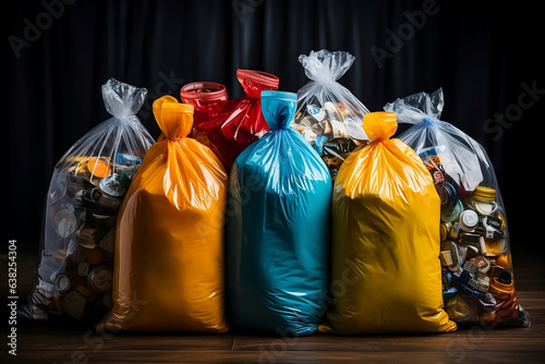 Obraz na płótnie Plastic bags full of garbage on wooden floor and black curtain background w salonie