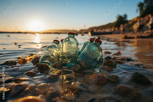 Obraz na płótnie Bottles in the water. Rubbish on the beach. Recycling in the beach. Sustainability Generative AI. w salonie