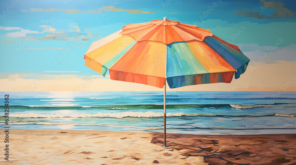 a beach umbrella and the sea. The scene is set on a serene sandy beach with crystal-clear turquoise waters.