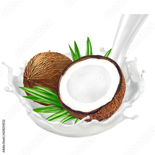 coconut with milk splash, Suitable for templates for cooking menu elements design, packaging elements design, brochure elements design, etc. PNG transparent background