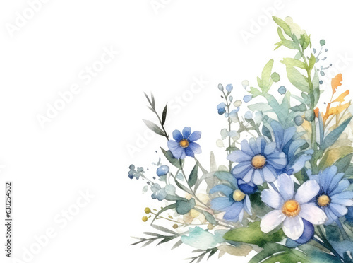 Watercolor bouquet corner frame of chamomile flowers and green leaves © Artemiy