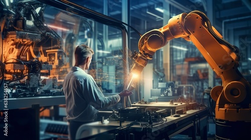 Within an industrial building, a robotic machine and a human collaborate. The mechanical arm is used to fuse metal parts together. photo
